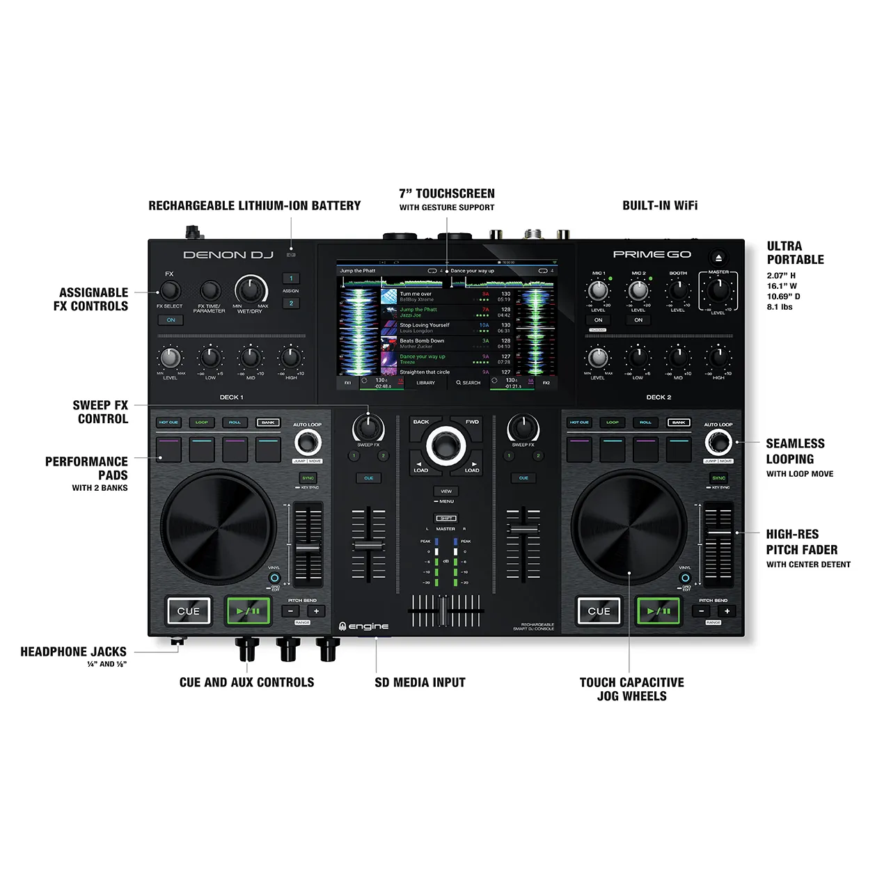 Denon PRIMEGO 2-Deck Rechargeable Smart DJ Console with 7-inch Touchscreen