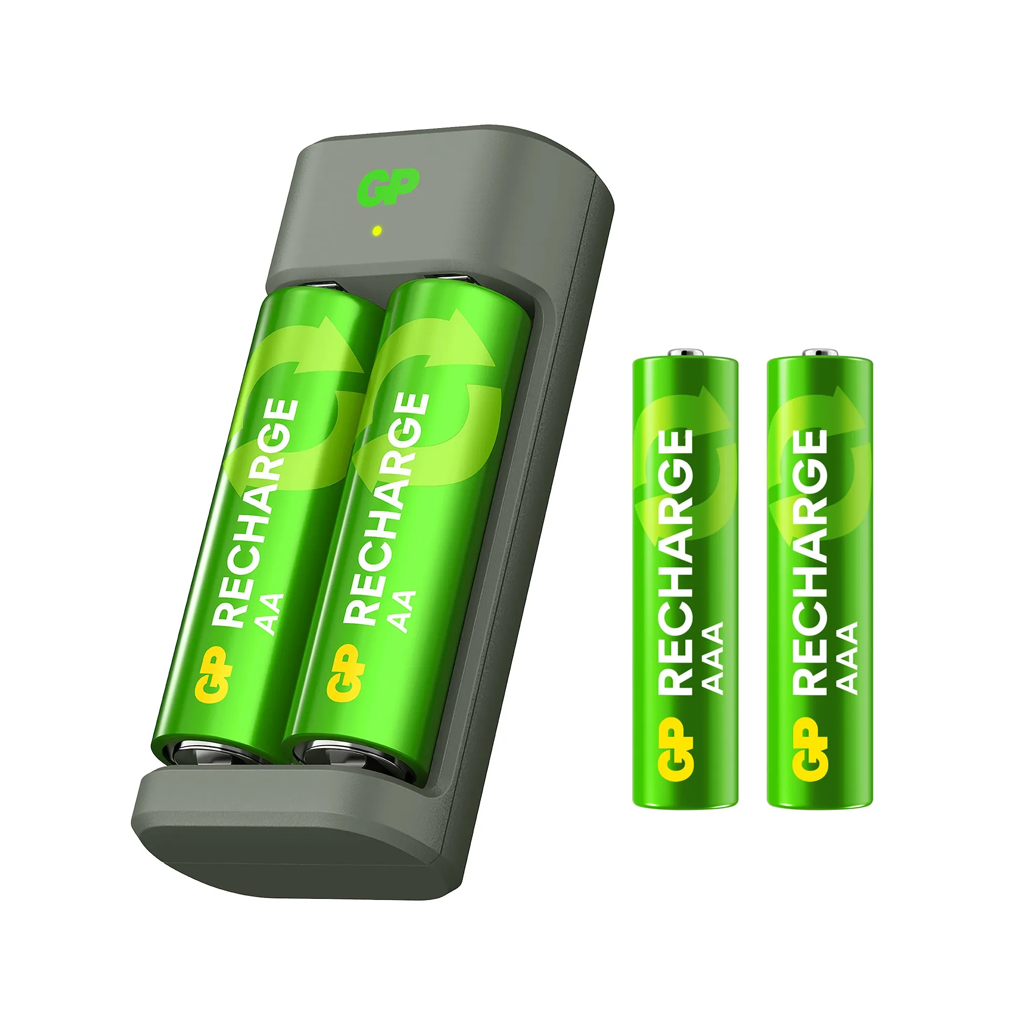 GP Recharge Charger with 2pc AA 1000mAh   2pc AAA 400mAh NiMH Batteries