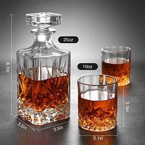 LEOSEON Premium Whiskey Decanter Set, 25 Oz decanter set with 4 Liquor 10 Oz Glasses, Made from 100% Lead-Free Glass, Elegant Gift Box