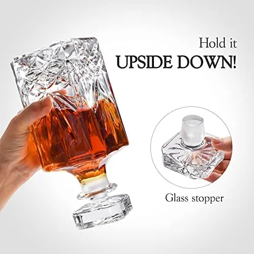 LEOSEON Premium Whiskey Decanter Set, 25 Oz decanter set with 4 Liquor 10 Oz Glasses, Made from 100% Lead-Free Glass, Elegant Gift Box