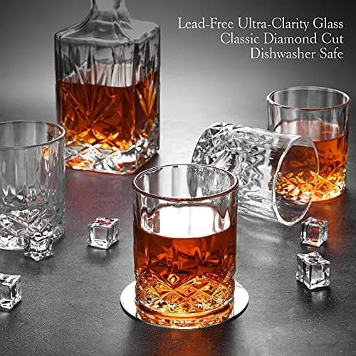 LEOSEON Premium Whiskey Decanter Set, 25 Oz decanter set with 4 Liquor 10 Oz Glasses, Made from 100% Lead-Free Glass, Elegant Gift Box