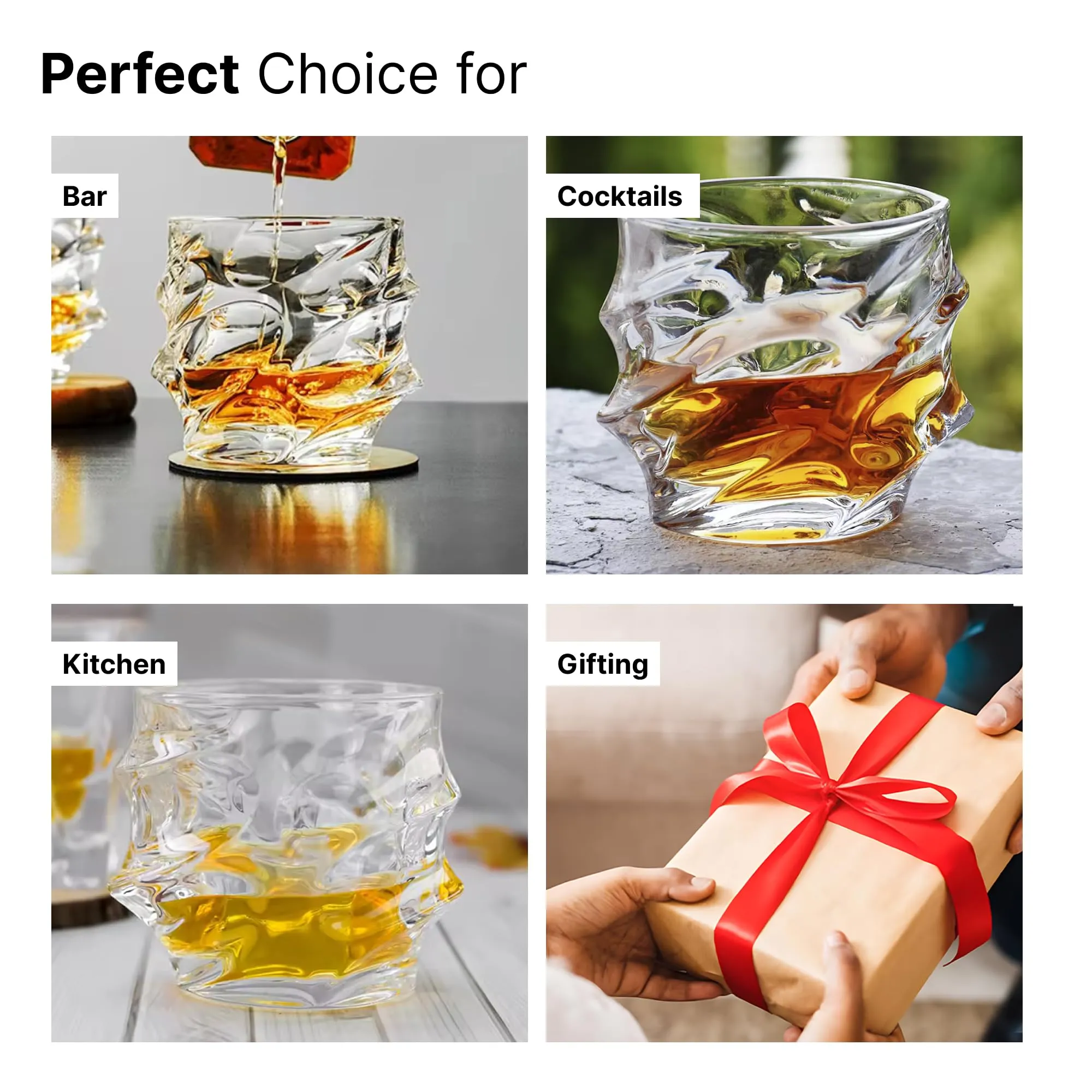 The Better Home Zest Whiskey Glasses Set of 4 (240ml Each) | Lead Free Whiskey Glass | Crystal Glass for Bar Home | Glass for Drinks | Cocktail Glasses | Highball Glass | Heavy Bottom Drinking Glass