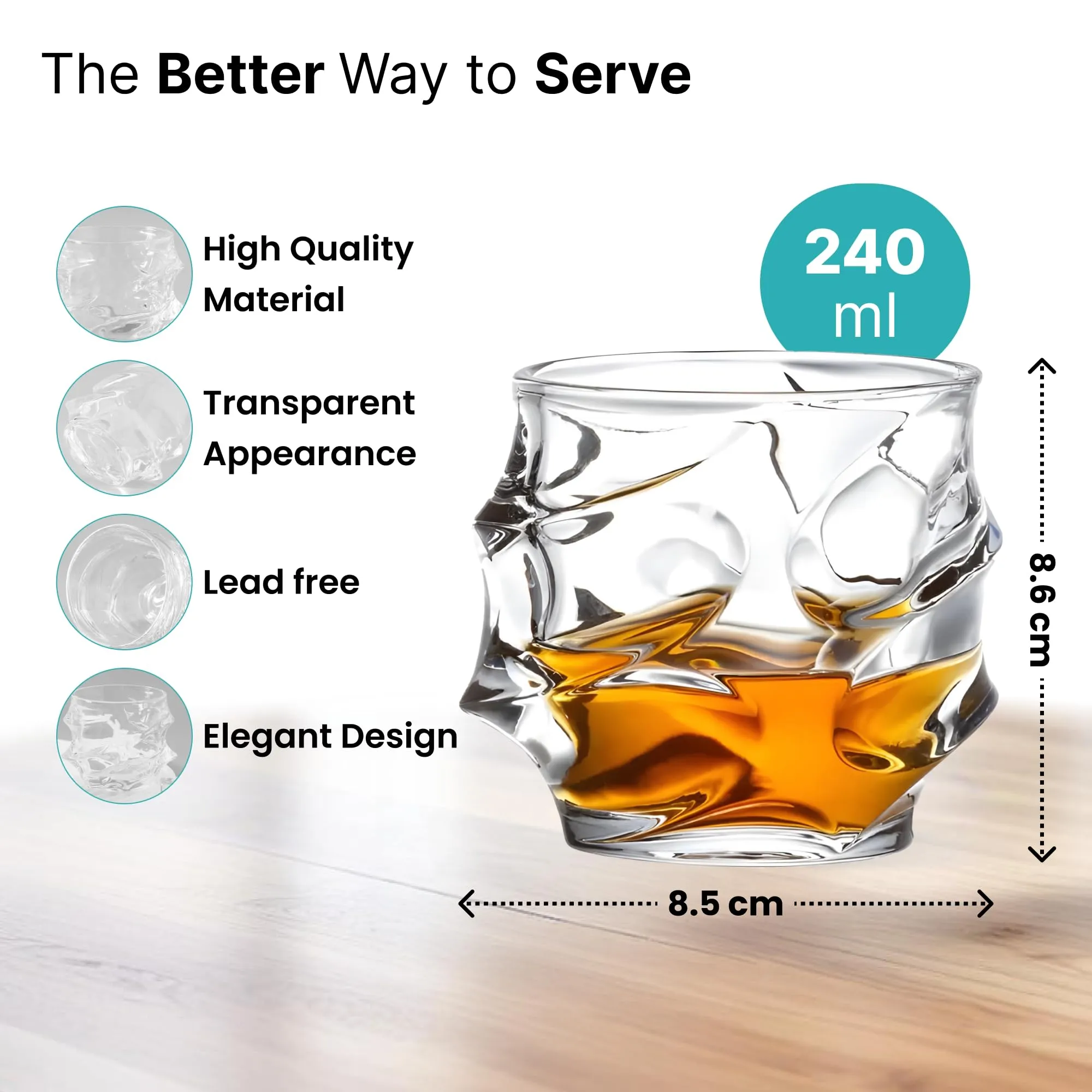 The Better Home Zest Whiskey Glasses Set of 4 (240ml Each) | Lead Free Whiskey Glass | Crystal Glass for Bar Home | Glass for Drinks | Cocktail Glasses | Highball Glass | Heavy Bottom Drinking Glass
